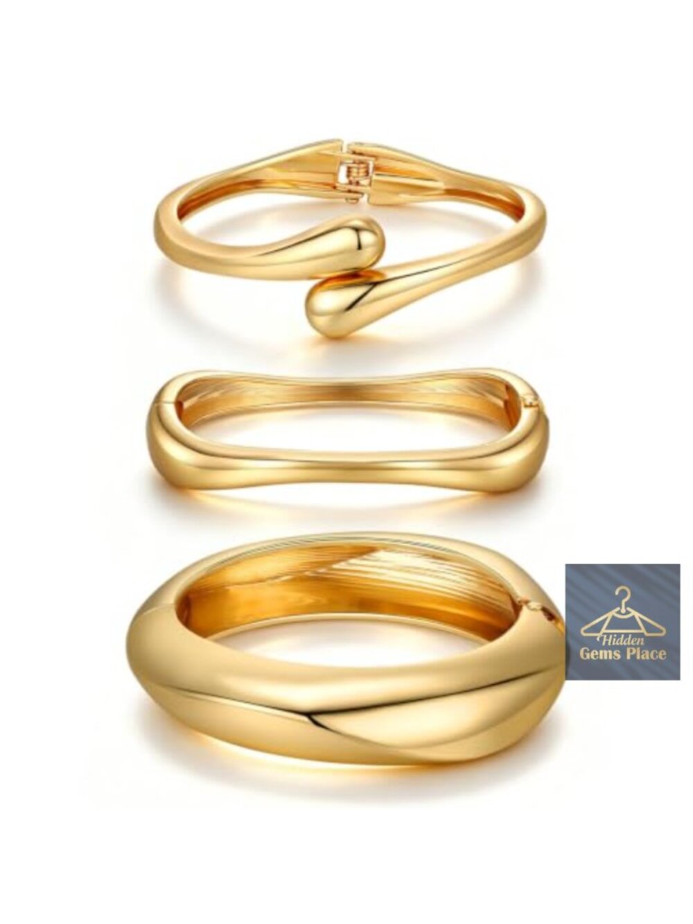Chunky Gold Plated Bangle Bracelets Set - 14K Gold Plated Cuff Bracelets for